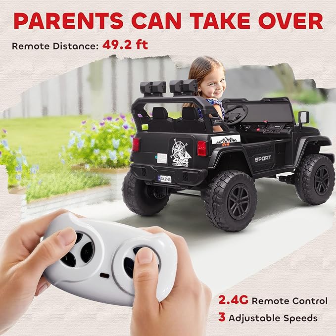 Qaba 24V 2-Seater Kids Ride on Truck Car, 44-50" L Adjustable 4WD Electric Car, 5 MPH Max Speed, Remote Control, Spring Suspension, Storage and LED Lights for Kids Ages 37-95 Months, Black