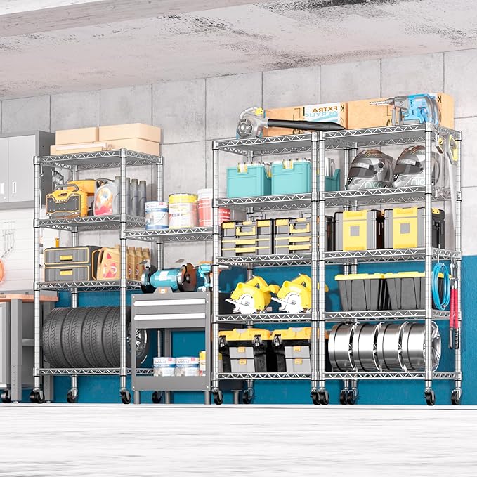 PrimeZone 2 Pack Steel Storage Wire Shelving 5 Tier Metal Shelves with Wheels,Adjustable Kitchen Utility Shelving Unit,Pantry Rack Rolling Metal Shelf Laundry,Chrome 24" Wx18 Dx75 H