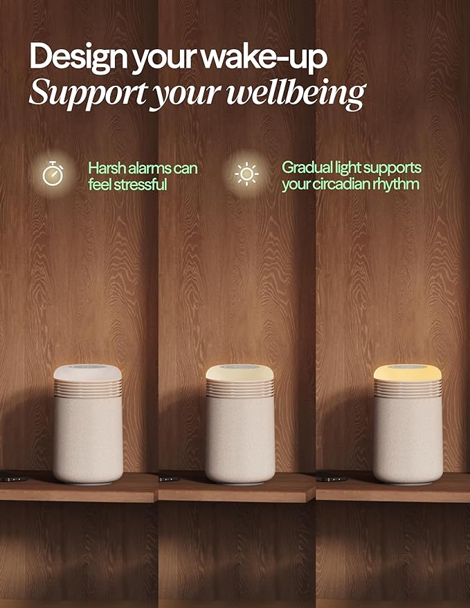 BLUEAIR Purifier for Bedroom - Mini Restful - Sunrise Clock with HEPASilent Filtration and Wake Up Light - Cleans Air and Supports Circadian Rhythm - USB-C and App Connectivity, Beige