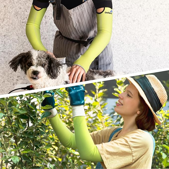 OriStout Cut Resistant Gardening Sleeves with Tumb Hole, Protective Arm Sleeves for Yard Work, Kitchen, Arm Guards for Biting, Pet Grooming, Gardening Gifts for Women, Pink & Green, 2 Pairs