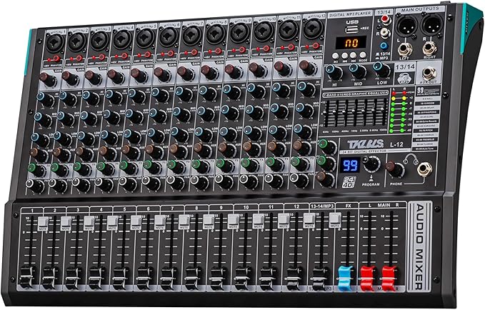 DJ Mixer, TKLBLS Professional 12 Channel Audio Mixer Board with 99-Bit DSP, Sound Board Mixing Console 7-Band EQ Output, USB Audio Interface, Bluetooth 48V Phantom Power For Karaoke Studio Streaming