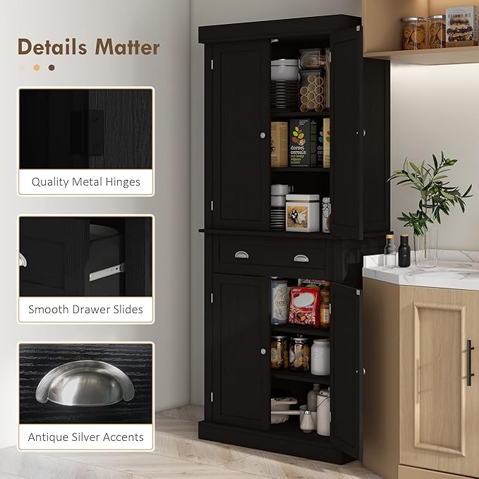 HOMCOM 72.5" Kitchen Pantry Cabinet, Traditional Freestanding Storage Cabinet with 4 Doors, Drawer and 3 Adjustable Shelves for Dining Room, Black Wood Grain