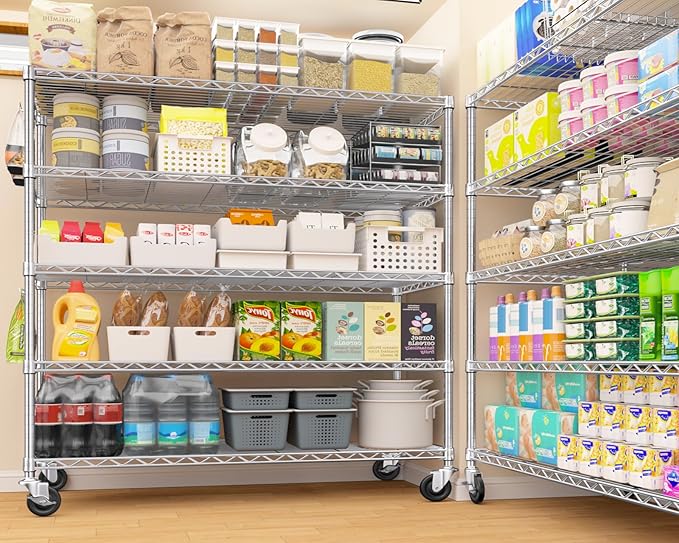 PrimeZone 5 Tier 48" Wx24''Dx81''H Wire Shelving with Wheels 3000lbs NSF Certified Storage Shelves Heavy Duty Metal Shelf Adjustable Rolling Rack Commercial Garage Restaurant Warehouse Kitchen Chrome
