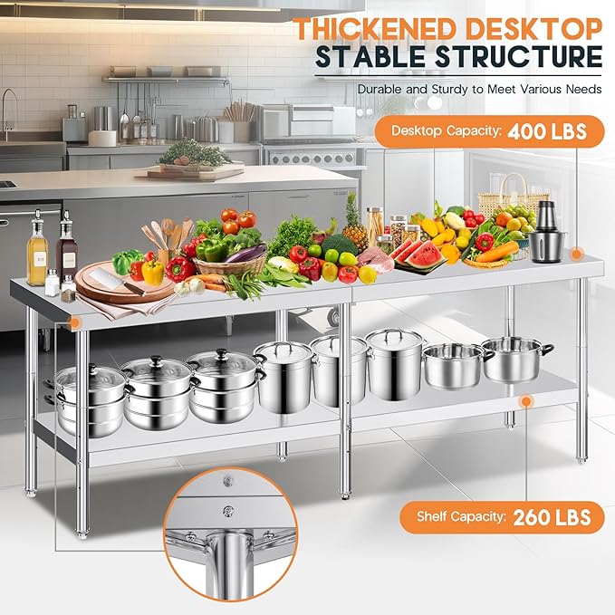 Jocisland 30" x 96" Stainless Steel Table for Prep & Work Adjustable Under Shelf and Feet, for Commercial Kitchen, Restaurant, Hotel and Garage