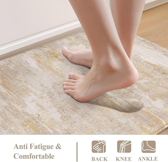 Collive Kitchen Mats Cushioned Anti Fatigue, Abstract Kitchens Floor Mat Non Slip Desk Rugs Waterproof, Beige Memory Foam Comfort Standing Rug for Sink, Home Decor, 17"x59"+17"x29"