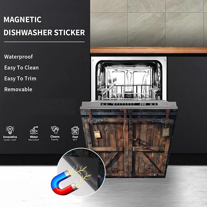 Barn Wooden Door Dishwasher Cover Panel Sticker, Vintage Wooden Door Skin Cover for Dishwasher Refrigerator Cabinets (23" x 26" Ordinary)