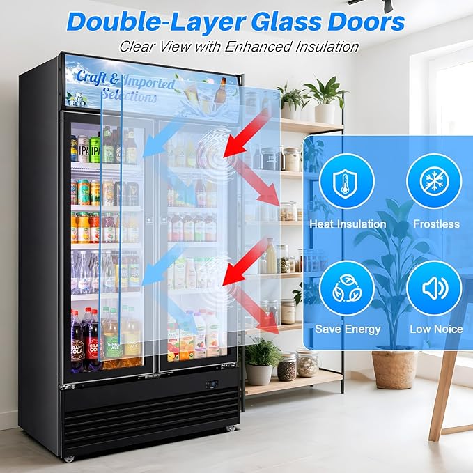 Commercial Display Beverage Fridge, 40″ Double Glass Door Refrigerator, 28.1 Cu.Ft Large Capacity with 8 Adjustable Shelves, Upright Cooler for Shop, Bar & Restaurant