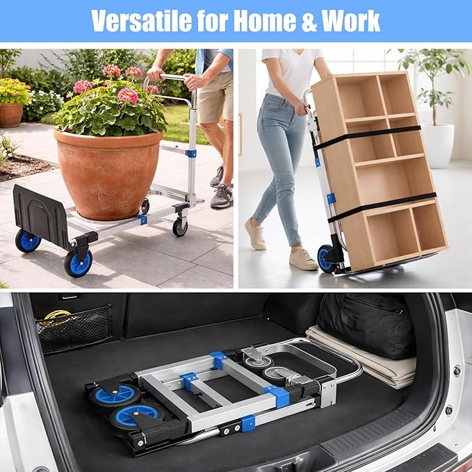 3 in 1 Folding Hand Truck Dolly Cart, Heavy-Duty Foldable and Convertible Design, Lightweight Portable Utility Cart with Rubber Wheels and Telescoping Handle for Moving, 500 lbs Capacity (Blue)