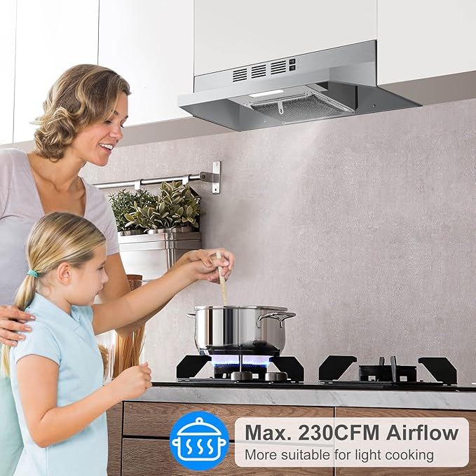 SNDOAS Under Cabinet Range Hood 24 inch,Ductless Range Hood Convertible Ducted, Kitchen Hood 24 inch,Stainless Range Hood with 2-speed Fan,Rocker Switch,Hard-wired Hood Vents for Kitchen