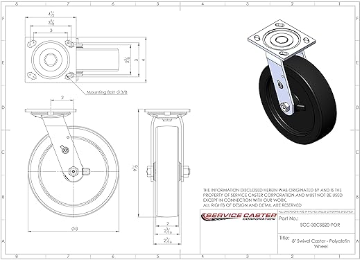 Service Caster Brand Replacement Caster for Uline Caster H-3323S - Swivel Top Plate Caster with 8 Inch Polyolefin Wheel - Heavy Duty Replacement Caster - Fits Platform, U-Boat and Trucks H-1827