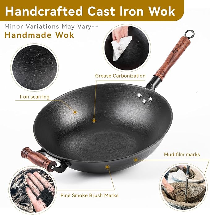 WANGYUANJI Cast Iron Wok,14.1 inch Flat Bottom Wok with Glass Lid,Suitable for All Cooktops, Uncoated Craft Pot Healthy Cooking Pot