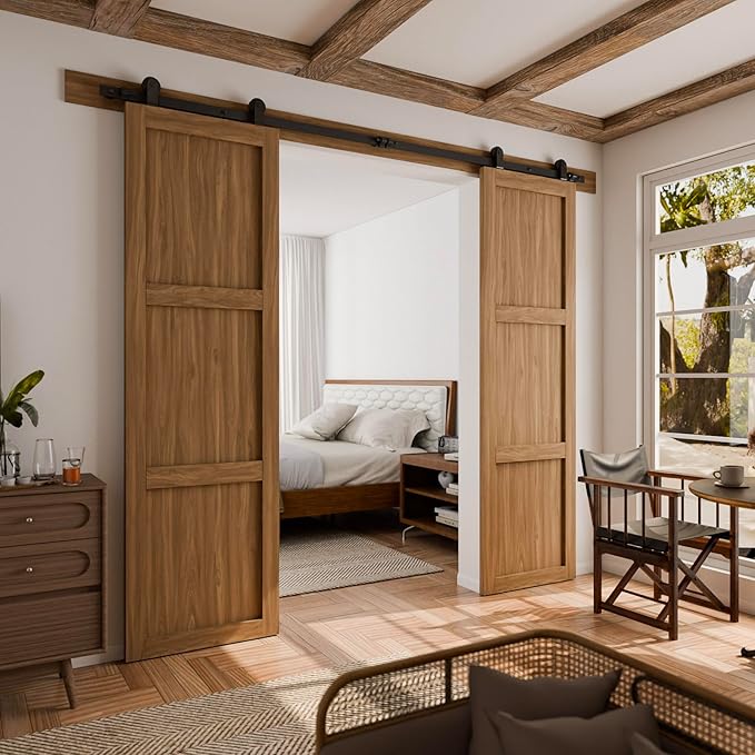 CCJH 5.5FT Sliding Barn Door Hardware Kit Heavy Duty Smoothly and Silently Easy to Install Fit 16" Width Double Door Panel T-Shaped Style Black