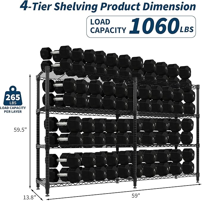 GarveeLife 60" H Storage Shelves L-Shaped 1060 LBS Heavy Duty Metal Shelving 4-Tier Wire Shelving for Corner Storage Rack Adjustable Pantry Shelf for Kitchen Pantry, 60" H x 60" W x 13.8" D