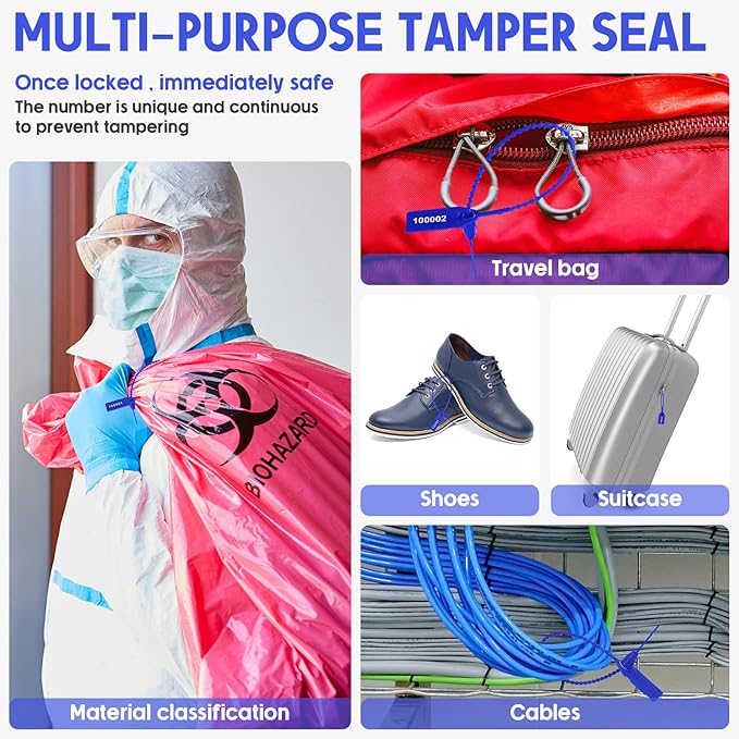 Roowest 2000 Pcs Plastic Tamper Seals Security Tags Seals Safety Numbered Zip Ties Fire Extinguisher Tamper Tags Disposable Self Locking Signage 250 mm Length(Blue)