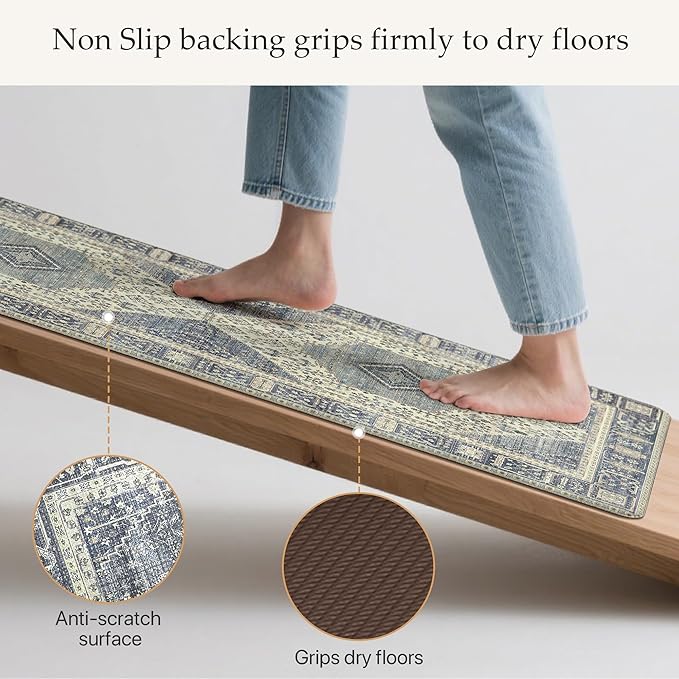 GENIMO Kitchen Mats for Floor 2PCs, Washable Anti Fatigue Mat for Cushioned, 17.3"x47"+17.3"x30", Waterproof Kitchen Rugs, Non Slip Comfort Standing Mat Rug for Home, Sink, Laundry, Vintage Blue