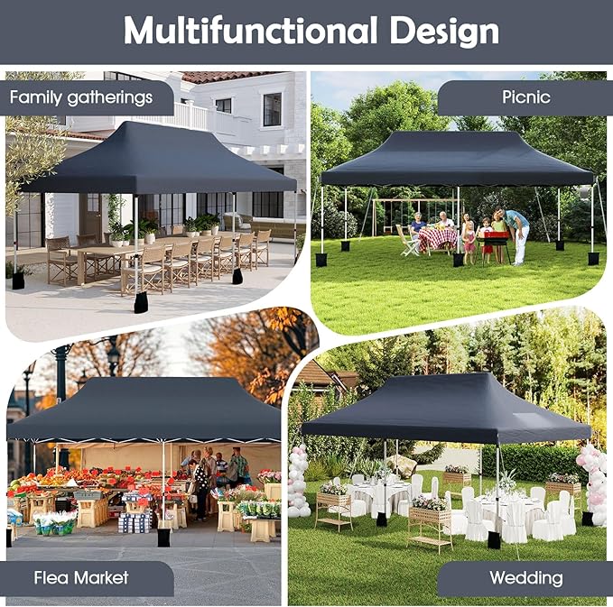 Tangkula 10x20 Ft Pop Up Canopy, Instant Setup Tent with 6 Sandbags, 12 Stakes & 6 Ropes, UPF 50+ Portable Outdoor Canopy Tent with Carrying Bag for Camp, Beach, Patio (Black)