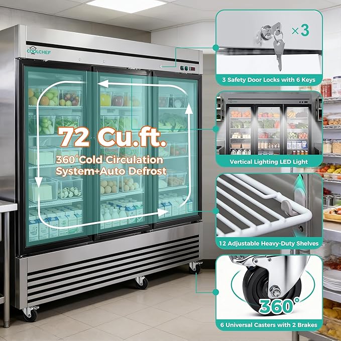 COOLCHEF 81" Commercial Glass Door Refrigerator, 72 Cu.Ft Triple-Door Reach-In Cooler, 33–40℉, Triple-Layer Low-E Glass, 12 Shelves, R290