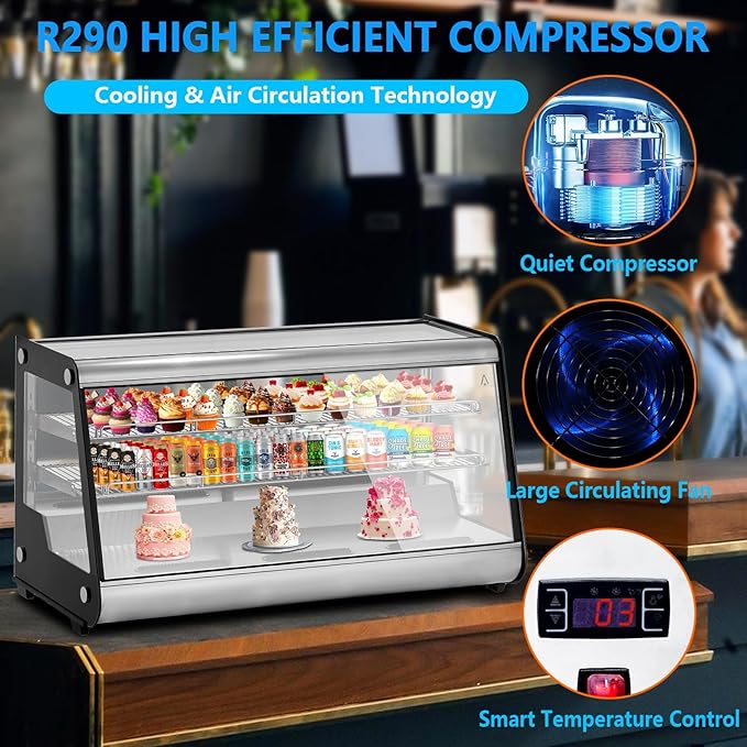 8.1 Cu.Ft Commercial Glass Door Refrigerator | Countertop Display Fridge with LED Lighting for Bakeries, Cafes, Convenience Stores | Energy Efficient, Adjustable Shelves, Auto-Closing Door