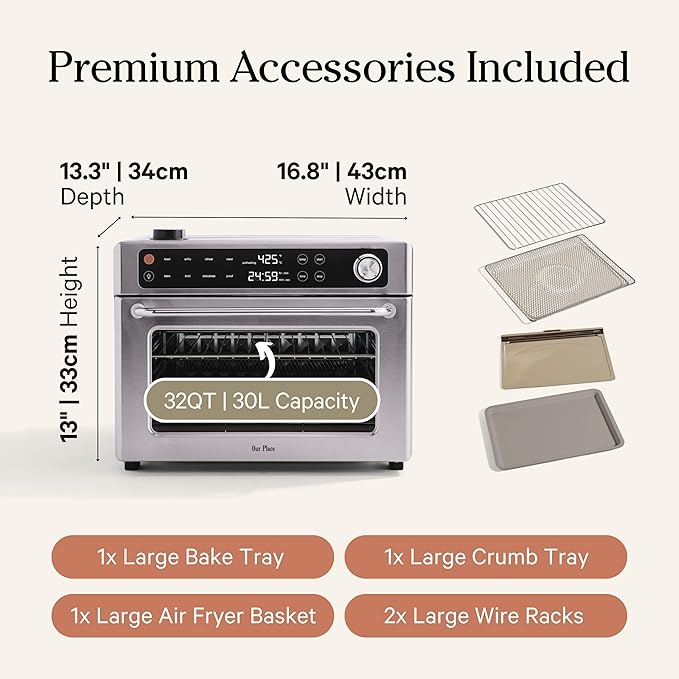 Our Place Wonder Oven Pro | 8-in-1 Digital Air Fryer & Countertop Oven with Basket, Rack, Pan & Tray | 3-Rack, 32 QT - Air Fry, Toast, Roast, Bake, Reheat, Broil, Proof & Dehydrate | Stainless Steel