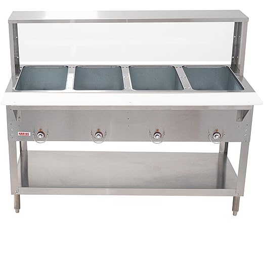 Kratos Commercial Electric Steam Table/Hot Food Table with Overshelf and Sneeze Guard, 4 Wells, Stainless Steel, Stationary, NSF, 240V (28W-194)