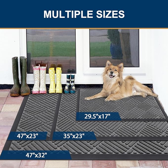 Smiry Front Door Mat Outside Entrance, Heavy Duty Outdoor Indoor Natural Rubber Doormat, Non Slip, Trap Dirt and Moisture, Easy Clean, Low Profile Patio Porch Entryway Mat, 47x32, Grey