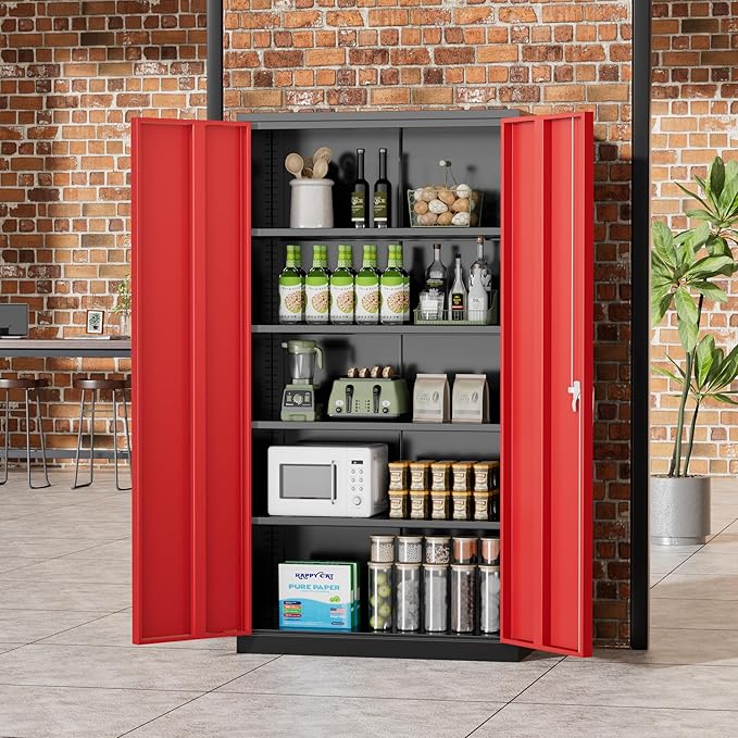 Greenvelly Metal Storage Cabinet with 2 Doors and 4 Adjustable Shelves, 72”H Steel Lockable Storage Cabinet,Tall Metal Garage Cabinet Locking File Cabinet for Office,Home, Garage, Gym, School