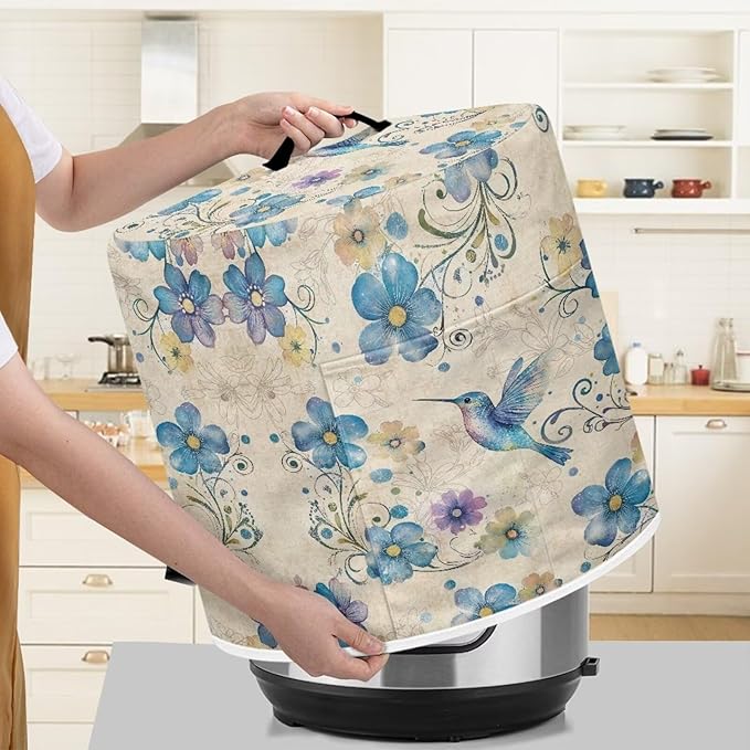 Xoenoiee Blue Hummingbird Floral Print Pressure Cooker Cover for Instant Pot, Kitchen Appliance Dust Cover with Pockets for Rice Cooker Air Fryer Slow Cooker, for 6 Qt Pot