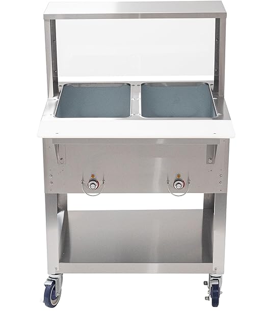 Kratos Commercial Mobile Electric Steam Table/Hot Food Table with Overshelf and Sneeze Guard, 2 Wells, Stainless Steel, NSF, 120V (28W-201)