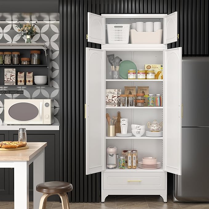 Kitchen Pantry Cabinet，90" Storage Cabinets with Doors and Shelves,Metal Pantry Cabinet with Drawers,White Kitchen Cupboard for Livingroom,Pantry, Bathroom