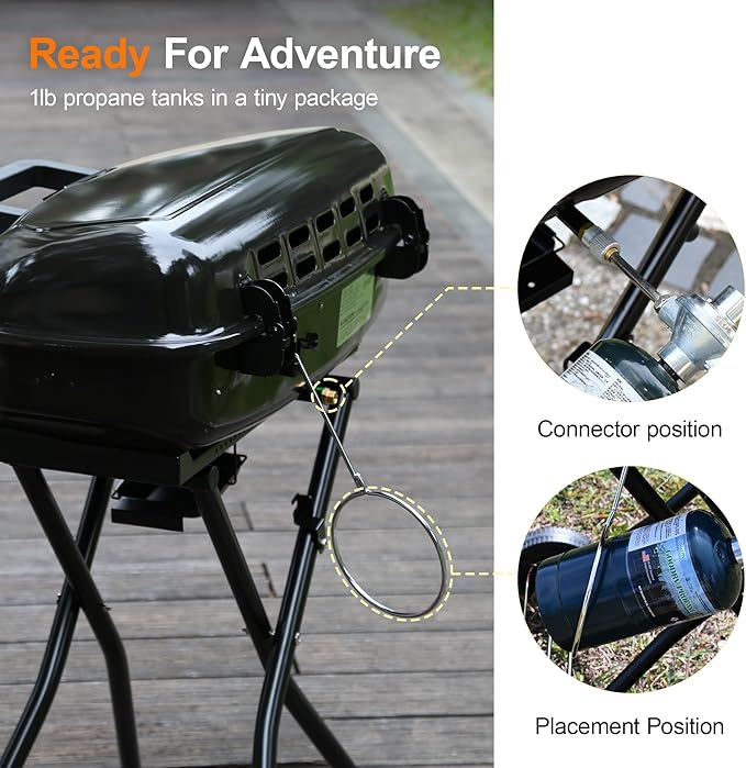 Brand-Man Portable Propane Gas Grill with Folding Cart and Push-Button Ignition, Standup Design for Camping, Tailgating, Backyard BBQ, Patio, Outdoor Cooking (Black)