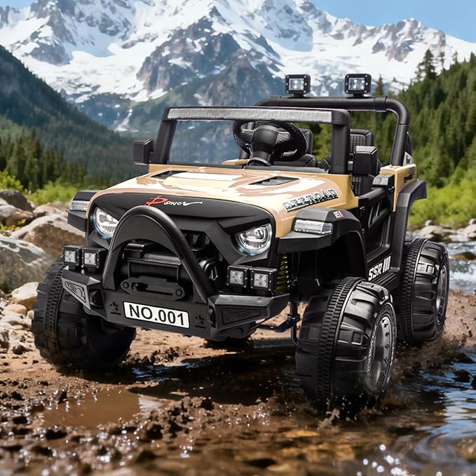 12V Kids Ride on Car, Electric Ride on Truck w/Parent Remote, Spring Suspension, Bluetooth Music, LED Light, 4.1Mph Max Speed, 3 Speeds, Battery Powered Vehicles for Kids Toddler Age 3-8, Khaki
