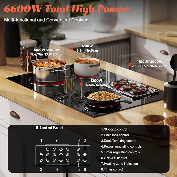 4 Burner Electric Cooktop, Built-in 30 Inch Electric Stove Top 6600W, Ceramic Stove Top with Expanded Zone, Touch Control, Child Lock, Timer, Pause Control, 220V - 240V Hard Wire, No Plug