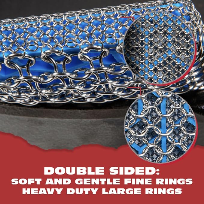 Knapp Made Combo Chainmail Cast Iron Scrubber with Silicone Core - Heavy Duty Rings and Fine Chainmail Rings -Premium Cleaner -Perfect for Cast Iron Cookware,Skillet,Woks