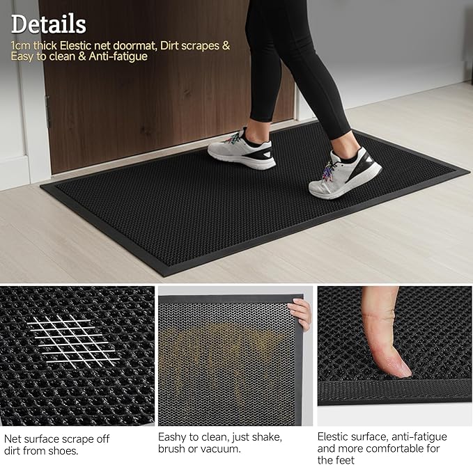 24x36 Inch Heavy Duty Front Door Mat with Elastic Mesh Surface, Cushioned Comfort, Superior Dirt Trapping, Non Slip Rubber Backing Door Mat Indoor Outdoor Entrance Rug for High Traffic Area(Jet Black)