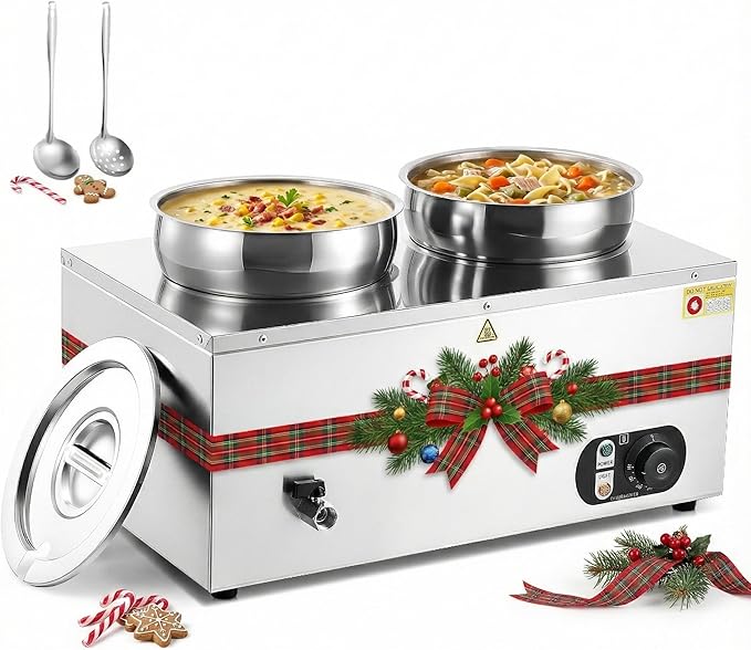 WILPREP Commercial Food Warmer with Two 7.4 QT Inserts, 1500W Countertop Electric Steam Table, 86-185°F Adjustable Temp Control & Over-Temp Protection, Stainless Steel