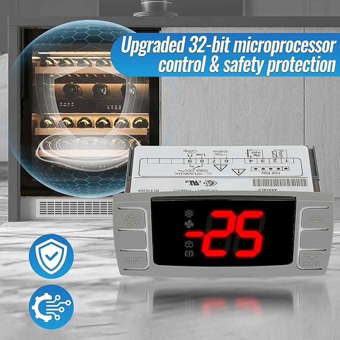 32-bit Enhanced XR02CX-4AAFBL Temperature Controller, Replaces Dixell XR02CX for 110-125V 50-60Hz Commercial Fridges/Freezers, Programmable Digital Thermostat, Voltage Protection & Reset, Red Screen