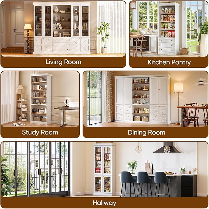 70.8" Tall Farmhouse Kitchen Pantry Cabinet with Doors, Modular Wooden Storage Hutch with 4-Tier Adjustable Shelves, White Buffet Cabinet for Kitchen and Living Room, Set of 3