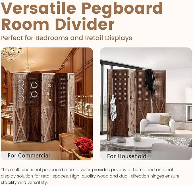 6 Panel Pegboard Room Divider, 5.6Ft Pegboard Display Folding Privacy Screens, Wood Room Divider Peg Board Display Freestanding for Trade Show Craft Show Home Wall Organizer, Brown