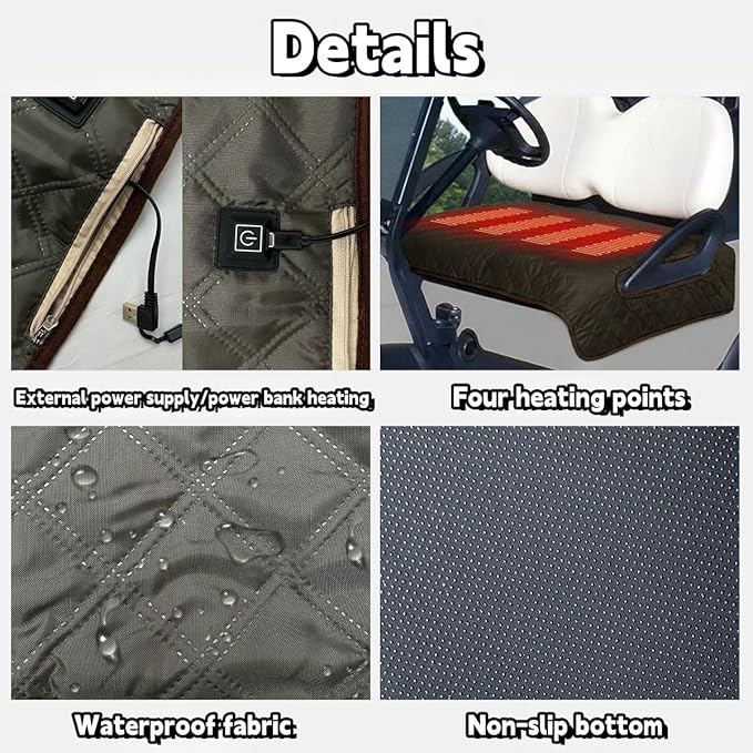 Golf cart Heated seat Cover, Non-Slip and Waterproof Winter Golf cart seat Cushion, Three Temperature Settings, Four-Zone Heating, External Power Supply/Power Bank Heating Options (Brown)