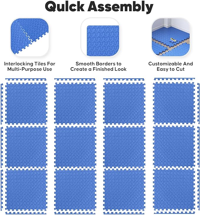 Home Gym Mat, Puzzle Exercise Mat,EVA Interlocking Foam Floor Tiles for Home Workout Equipment and Kids' Play Areas - Blue, 24 in x 24 in x ½ in - 32 Tiles (Blue, 32 Pack 128 sq ft)