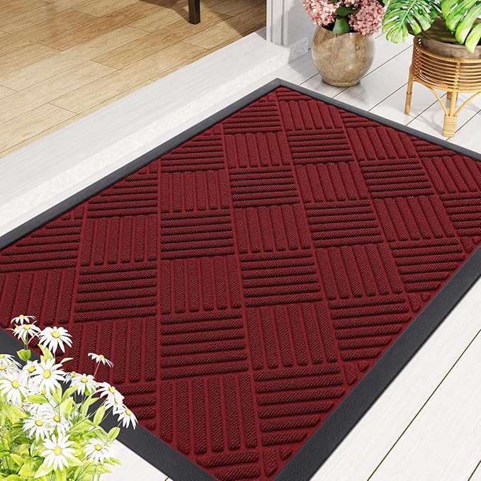 Smiry Front Door Mat Outside Entrance, Heavy Duty Outdoor Indoor Natural Rubber Doormat, Non Slip, Trap Dirt and Moisture, Easy Clean, Low Profile Patio Porch Entryway Mat, 29.5x17, Wine Red