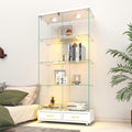 Yoluckea 4 Tier Glass Display Cabinet with LED Lighting and 2 Drawers, 2 Doors Floor Standing Curio Cabinet with Wheel for Home, Office, Corner Display, White Glass Bookshelf for Collections and Decor