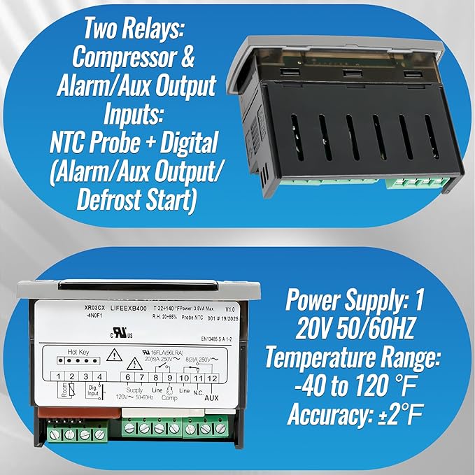 Replacement for Dixell XR03CX-4N0F1 Temperature Controllers, Ideal for 120V 50-60hz Commercial Refrigerators/Freezer,Programmable Digital Thermostat with Sensor Probe & Mounting Hardware