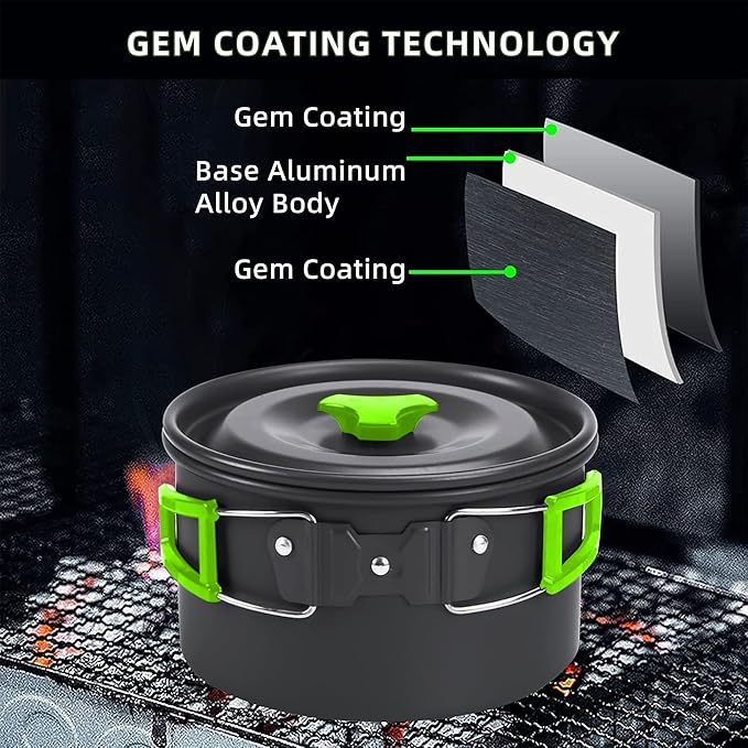 aiGear Camping Cooking Set Cookware Mess Kit with Storage Bag Pot Pan and Teapot Set Camping Accessories for Outdoor Camping Hiking Picnic Portable and Lightweight Aluminum Color Green,Black,Orange