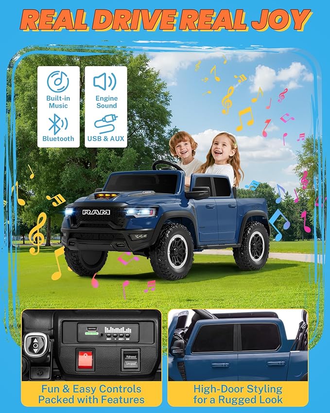 ENYOPRO 24V Ride on Toys for Kids 4-8, Licensed RAM 1500 RHO 2 Seater Kids Ride on Car w/Parent Remote, Power Pedal & Shock-Absorbing Wheels, Truck Bed Storage, Music, LED Lights (Blue - High Door)