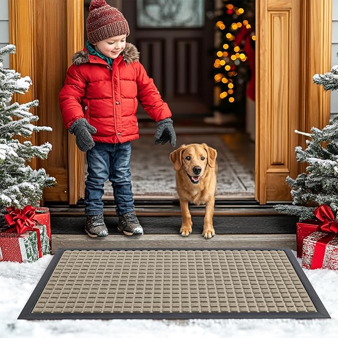Smiry Front Door Mat Outside Entrance, Heavy Duty Natural Rubber Doormat, Non Slip, Trap Dirt and Moisture, Easy Clean, Low Profile Welcome Floor Mats for Indoor Outdoor Entry, 35x23 Inch, Beige