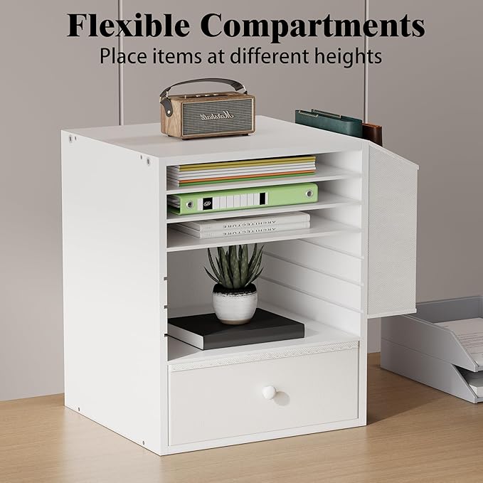 Wooden 12X12 Scrapbook Paper Organizer,7 Tier Adjustable Desktop File sorter with drawer,Craft&Stamp Cardstock Storage with Side Pocket&Name Slots for classroom,home offce，White
