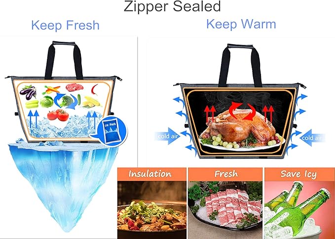 Insulated Shopping Cooler Bags with Zippered Top for Groceries, Reusable Thermal Foam Tote Bag for Travel, Picnic or Lunch Foods, Black