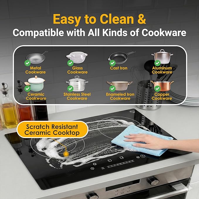 K&H Dual Radiant Electric Cooktop - 12 Inch Built-In Electric Stove Top with 9 Heating Levels - 240V, 3400W Built-in Radiant Ceramic Glass Cooktop - Touch Control, Timer & Child Lock, HCC-3402