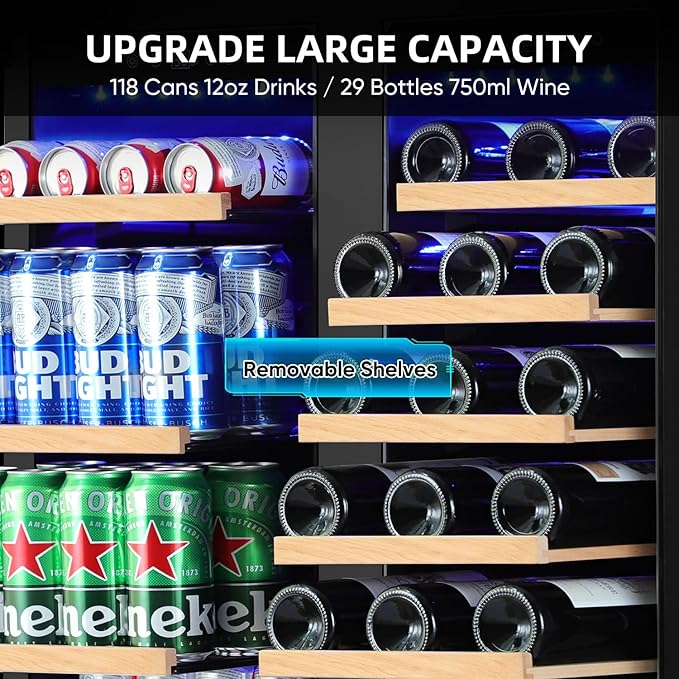 30 Inch Dual Zone Wine & Beverage Refrigerator, Built-In or Freestanding Wine Fridge with Seamless Black Stainless Steel Door, Glass Door, Digital Touch Control, Holds 30 Bottles & 110 Cans